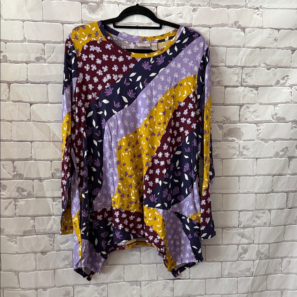 LOGO by Lori Goldstein Patchwork Floral Tunic in Purple, Yellow, Burgundy